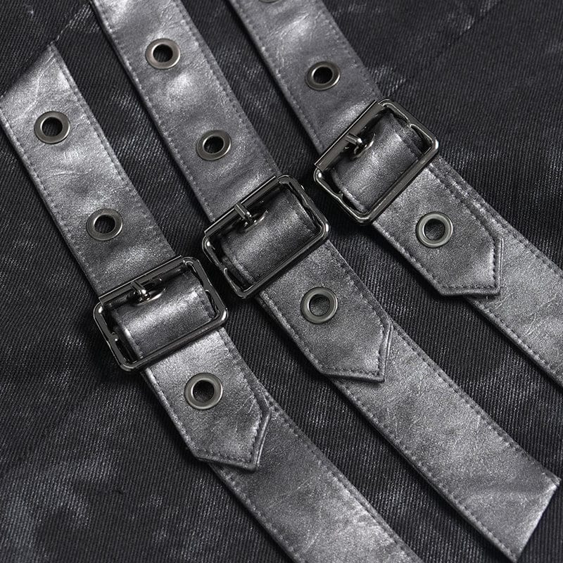 DEVIL FASHION Men's Punk Layered Buckle-up Straps Turn-down Collar Top