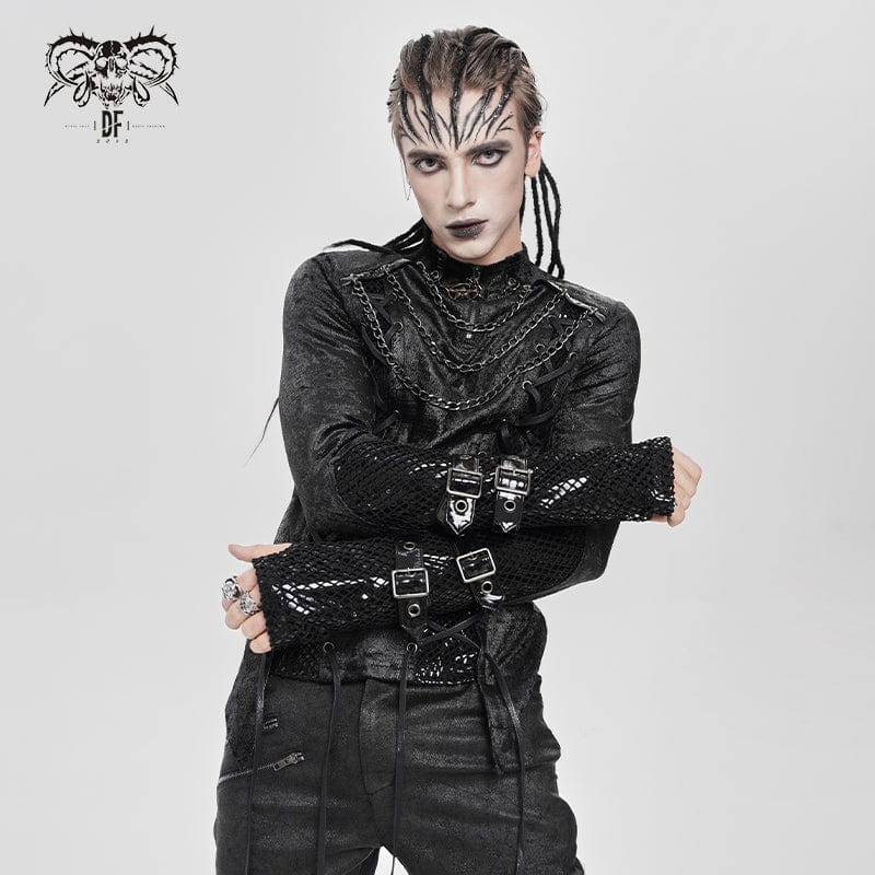 DEVIL FASHION Men's Punk Mesh Splice Lace-up Chained Shirt