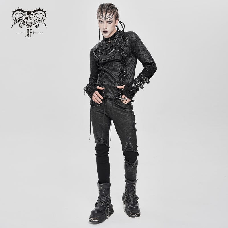 DEVIL FASHION Men's Punk Mesh Splice Lace-up Chained Shirt