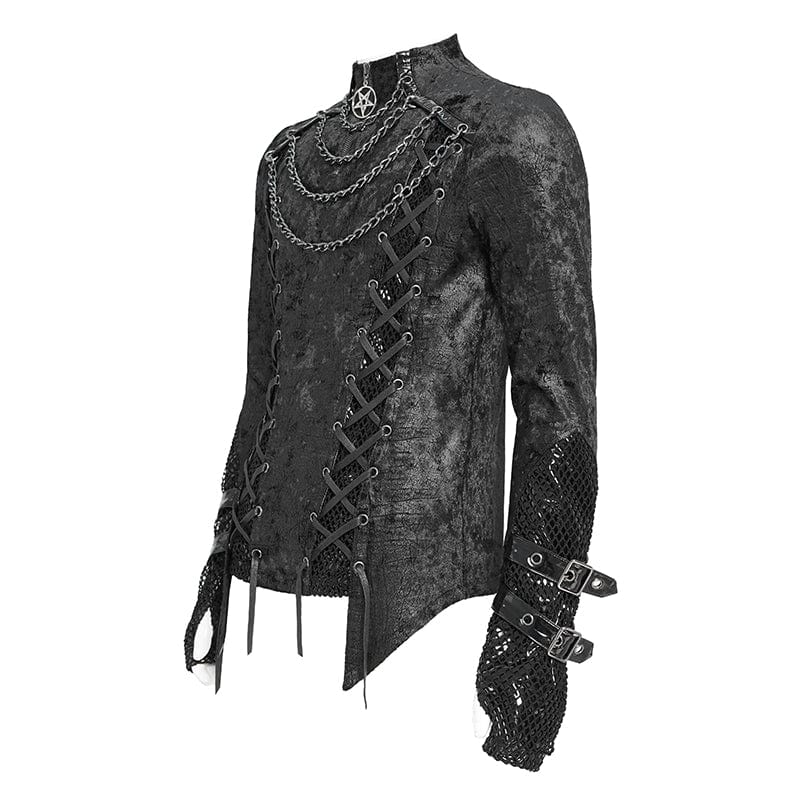 DEVIL FASHION Men's Punk Mesh Splice Lace-up Chained Shirt