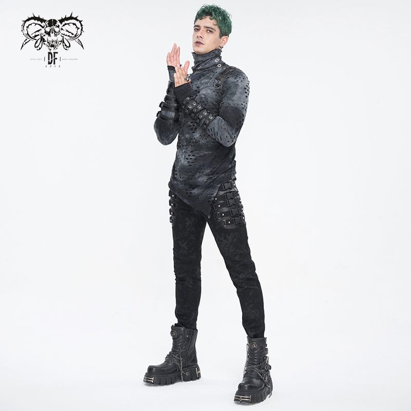 DEVIL FASHION Men's Punk Multi-buckle Distressed Pants