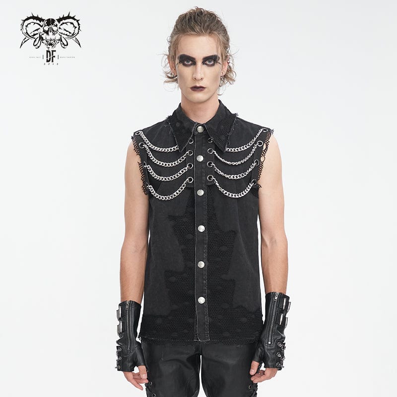 DEVIL FASHION Men's Punk Multi-chain Distressed Vest