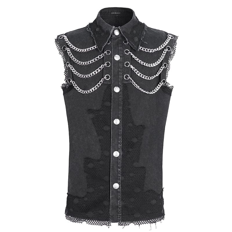 DEVIL FASHION Men's Punk Multi-chain Distressed Vest