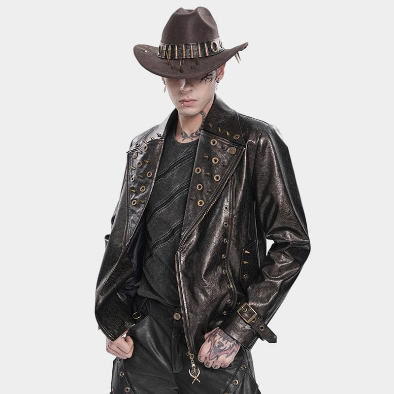 DEVIL FASHION Men's Punk Notched Lapel Studded Biker Jacket