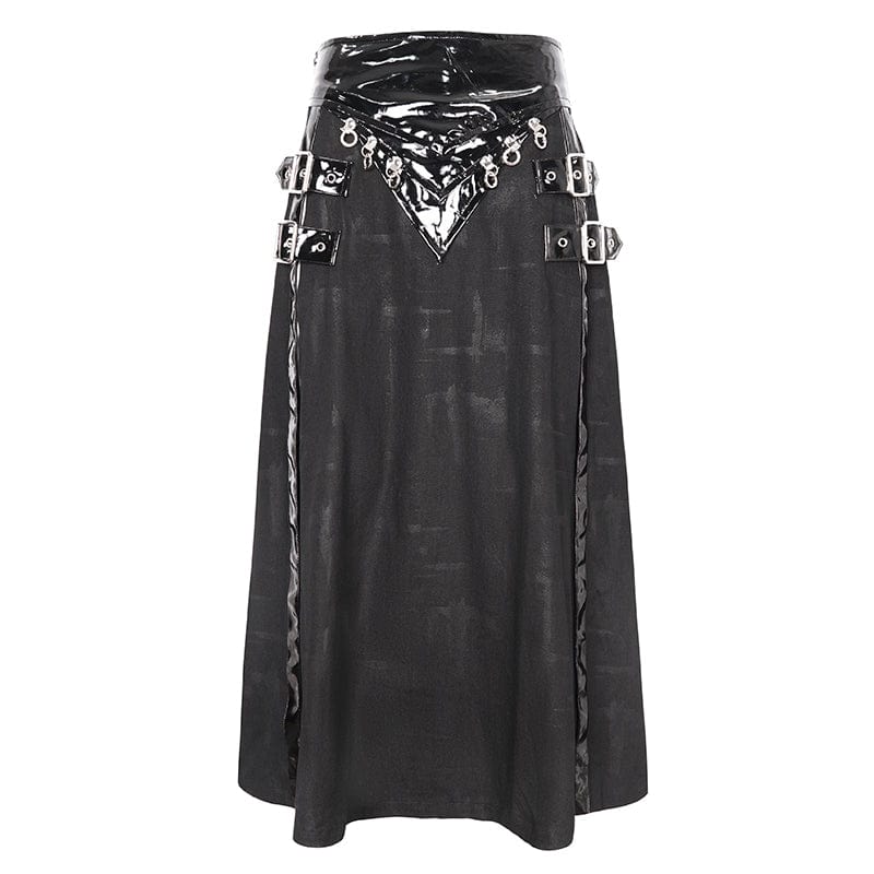 DEVIL FASHION Men's Punk Patent Leather Splice Split Skirt