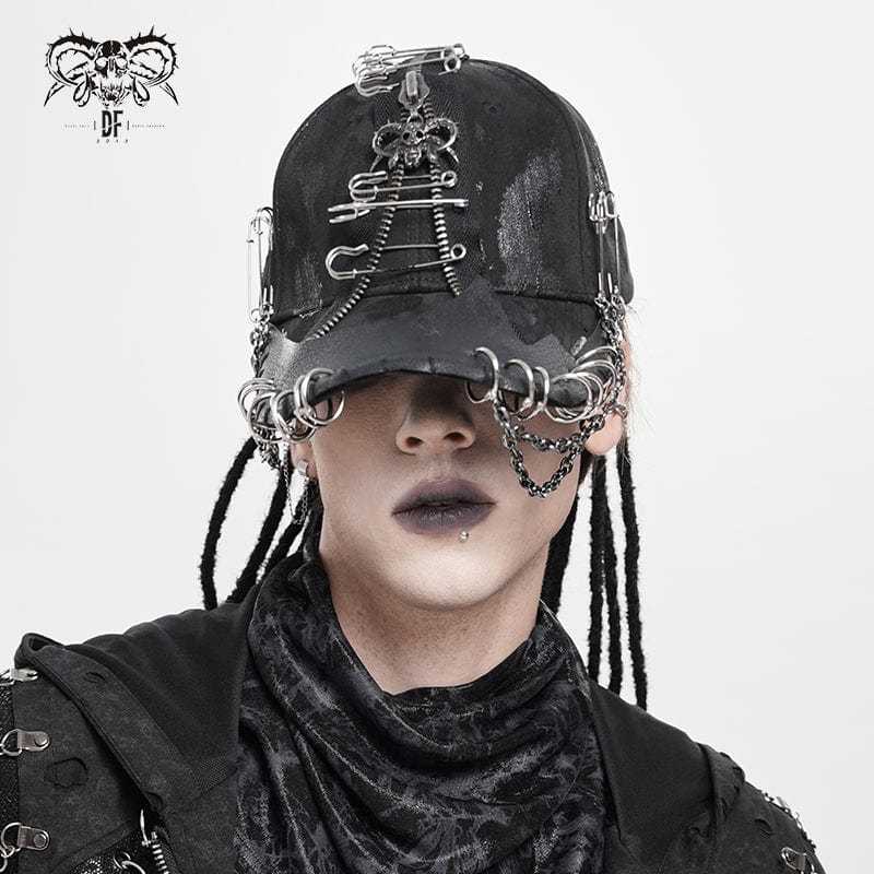 DEVIL FASHION Men's Punk Ring Safety Pin Chained Hat