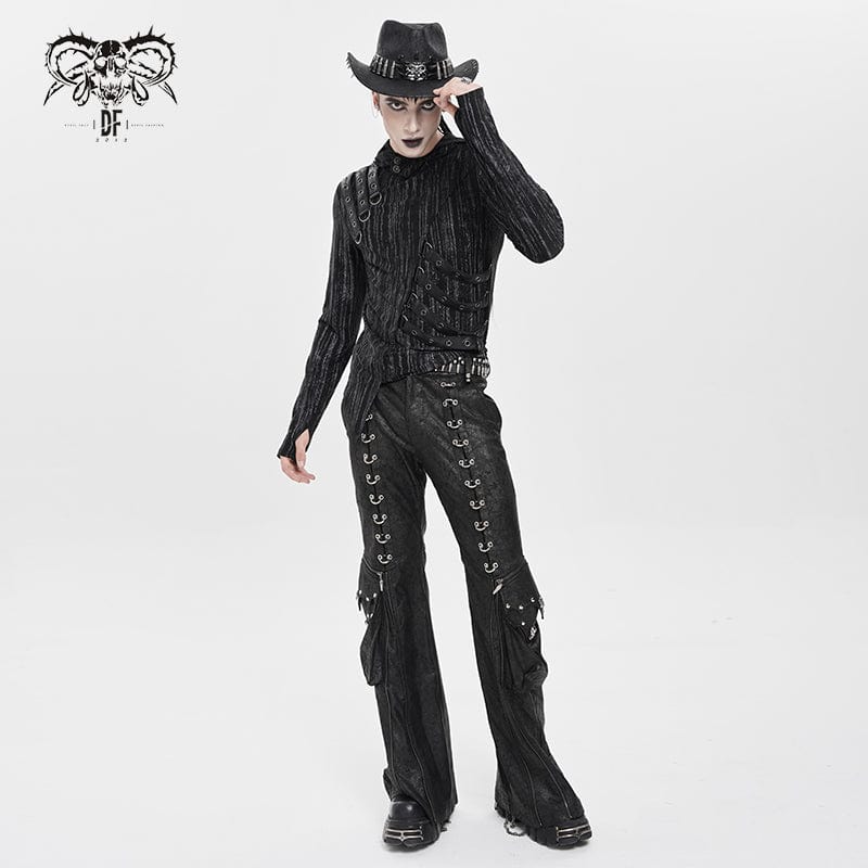 DEVIL FASHION Men's Punk Ripped Mesh Splice Lace-up Baggy Trousers