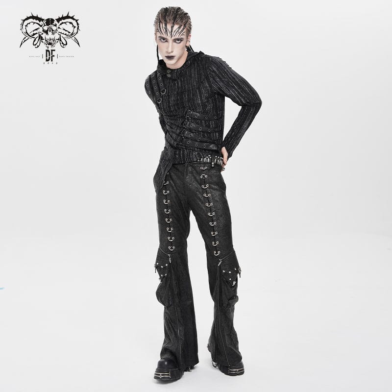 DEVIL FASHION Men's Punk Ripped Mesh Splice Lace-up Baggy Trousers