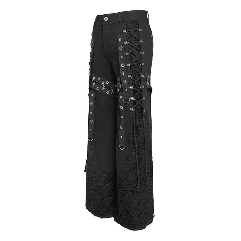 DEVIL FASHION Men's Punk Ripped Mesh Splice Lace-up Baggy Trousers