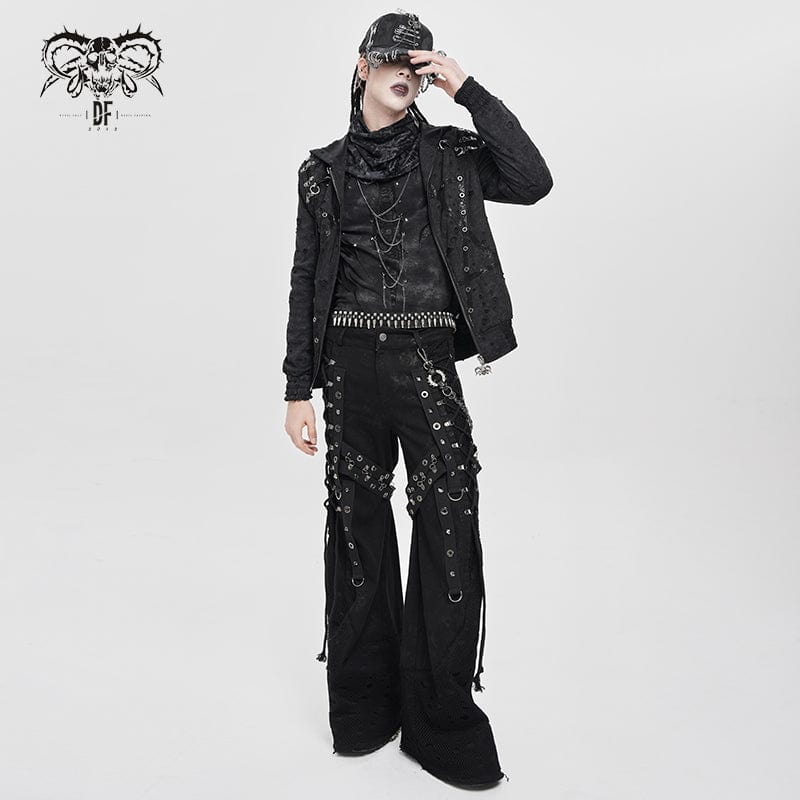 DEVIL FASHION Men's Punk Ripped Pleated Hexagram Printed Coat