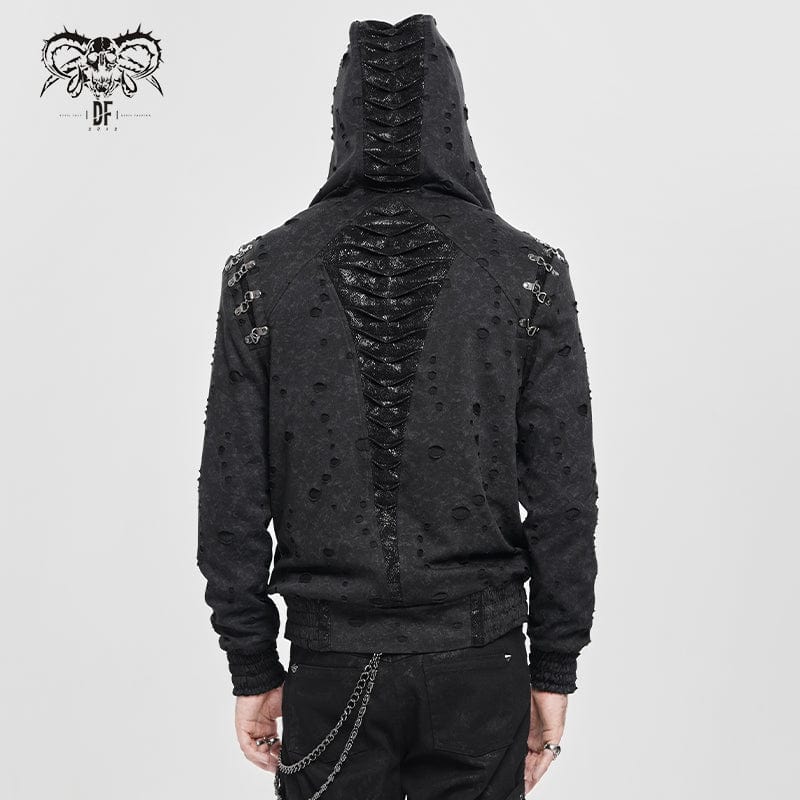 DEVIL FASHION Men's Punk Ripped Pleated Hexagram Printed Coat
