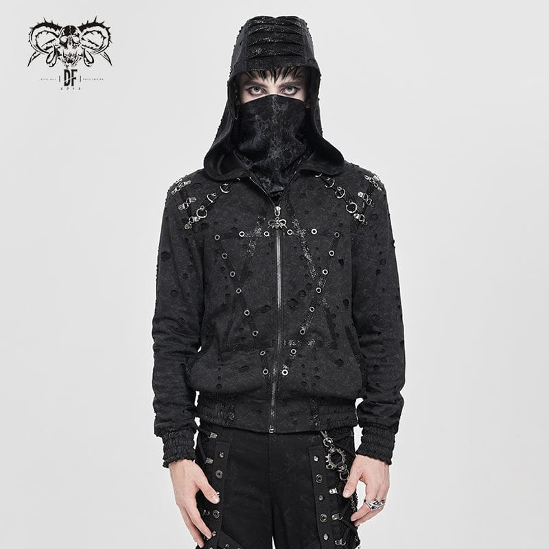 DEVIL FASHION Men's Punk Ripped Pleated Hexagram Printed Coat