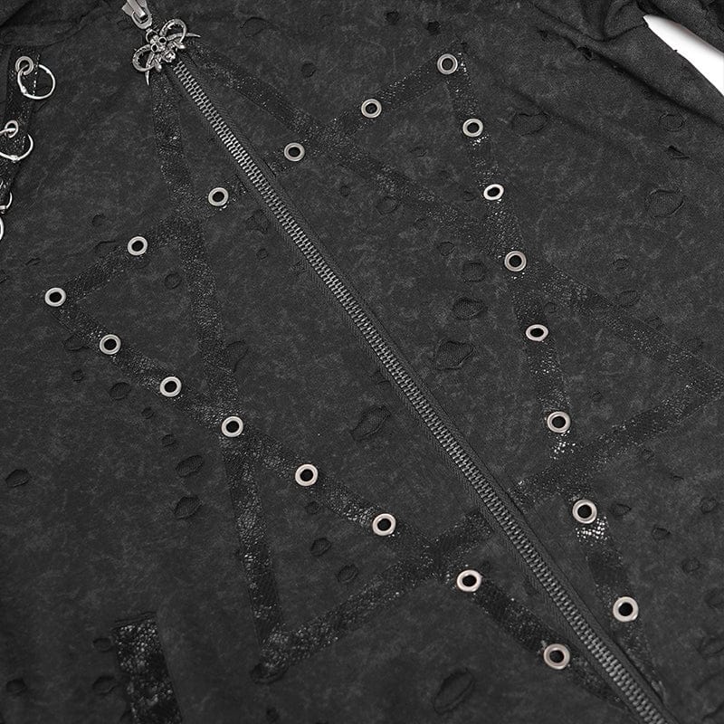 DEVIL FASHION Men's Punk Ripped Pleated Hexagram Printed Coat