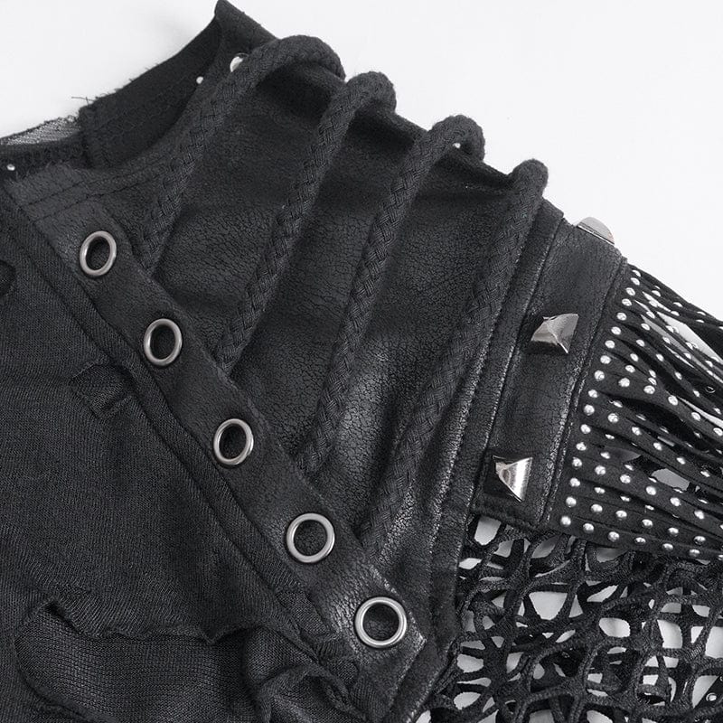 DEVIL FASHION Men's Punk Ripped Tassels Mesh Splice T-shirt