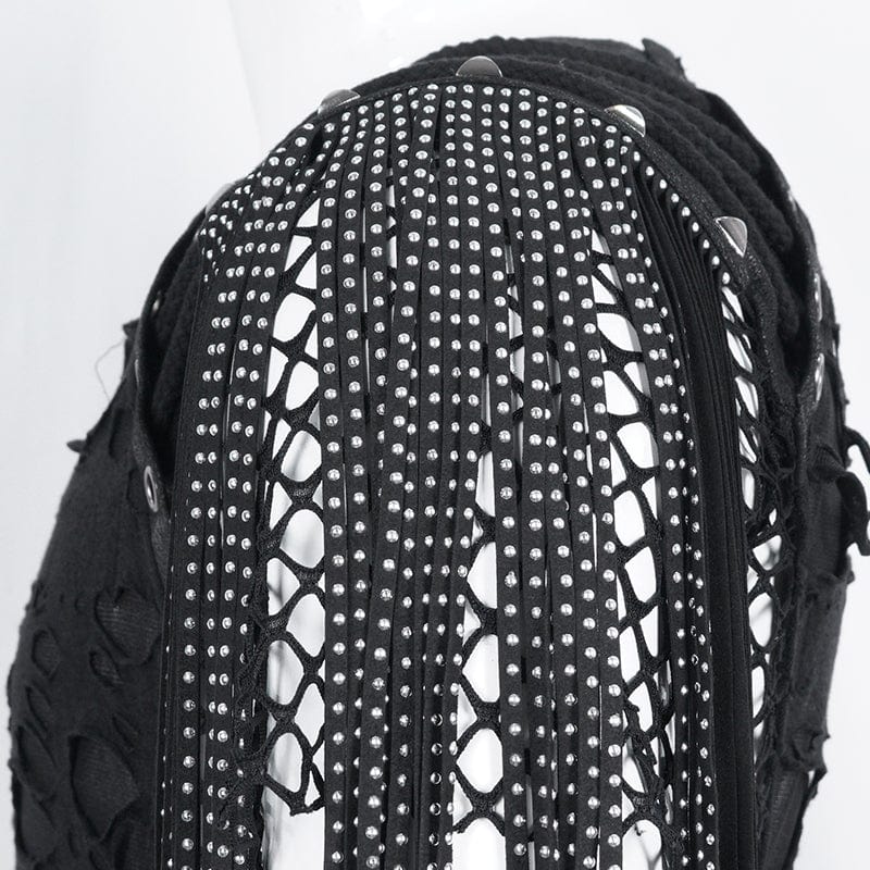 DEVIL FASHION Men's Punk Ripped Tassels Mesh Splice T-shirt