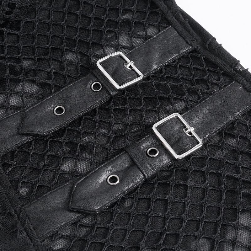 DEVIL FASHION Men's Punk Ripped Tassels Mesh Splice T-shirt