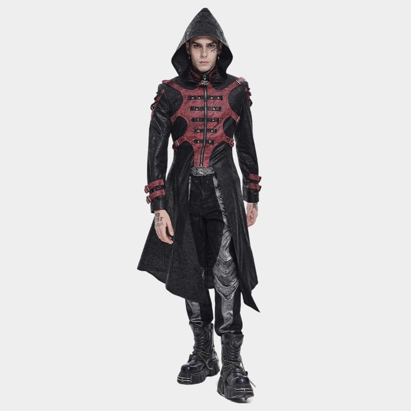 DEVIL FASHION Men's Punk Rivet Buckle Strap Hooded Jacket Black