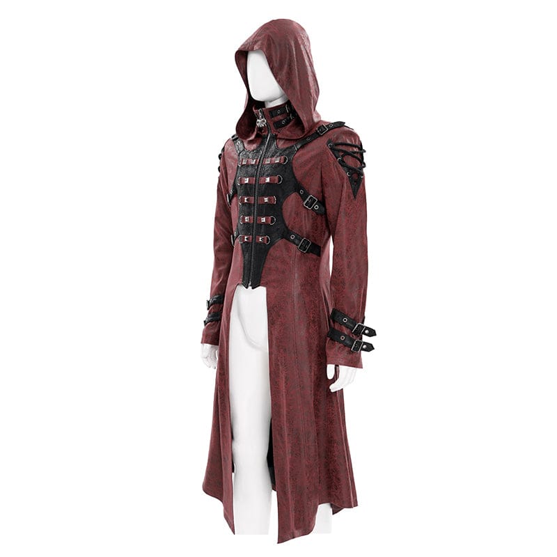 DEVIL FASHION Men's Punk Rivet Buckle Strap Hooded Jacket Red