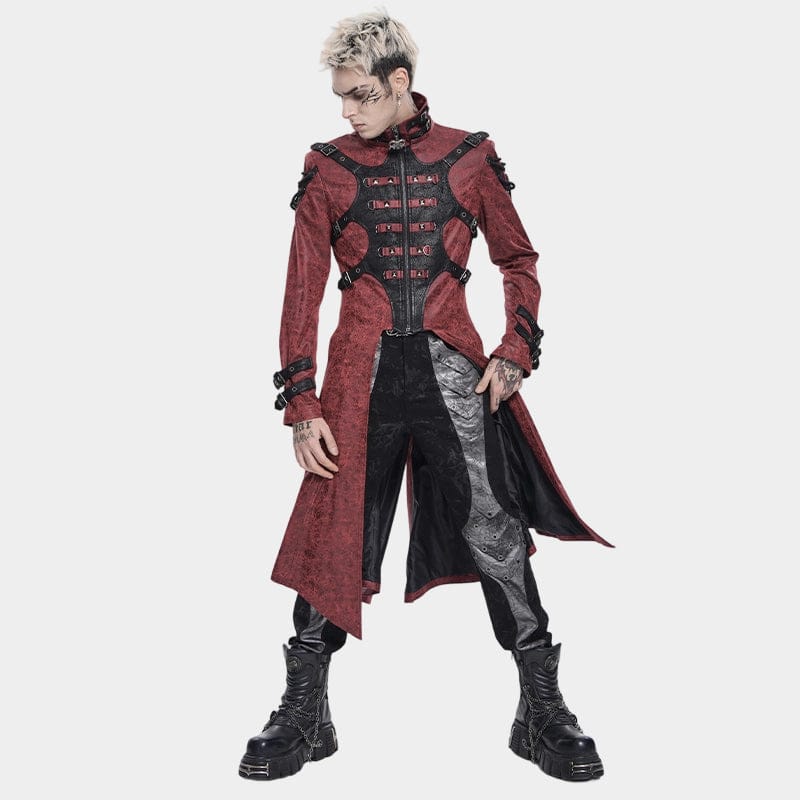 DEVIL FASHION Men's Punk Rivet Buckle Strap Hooded Jacket Red