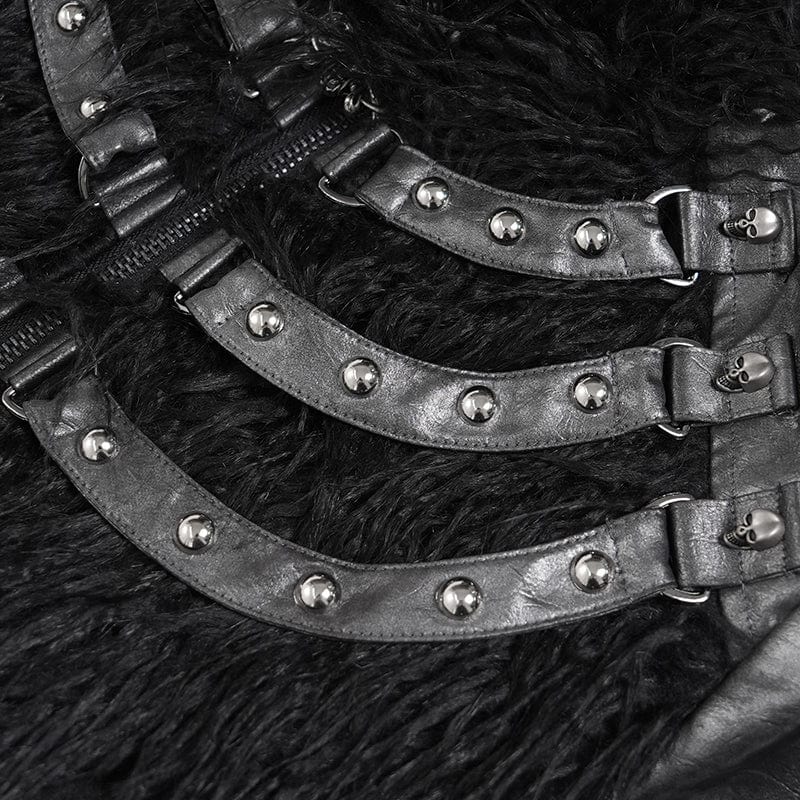 DEVIL FASHION Men's Punk Rivet Strap Plush Splice Hooded Coat