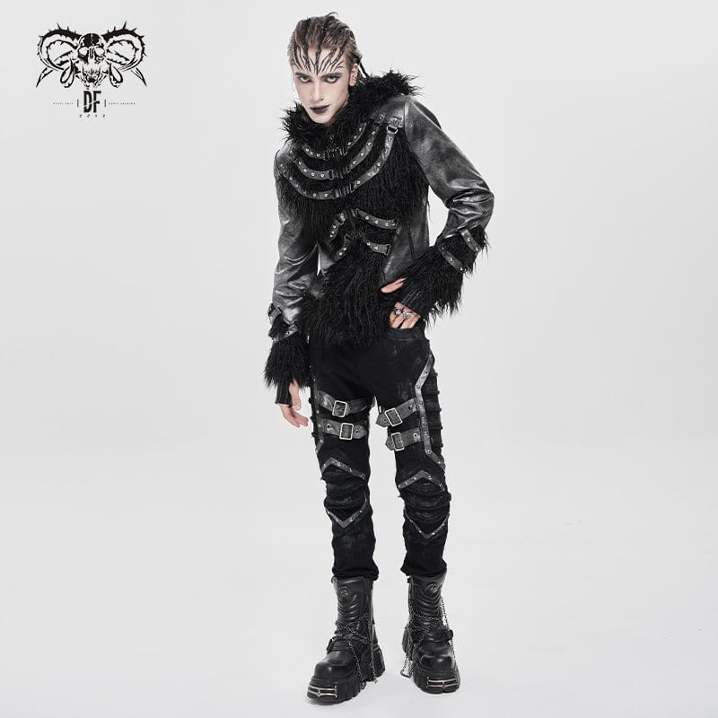 DEVIL FASHION Men's Punk Rivet Strap Plush Splice Hooded Coat