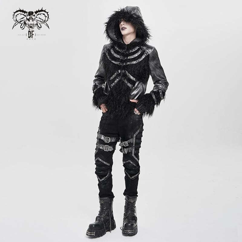 DEVIL FASHION Men's Punk Rivet Strap Plush Splice Hooded Coat