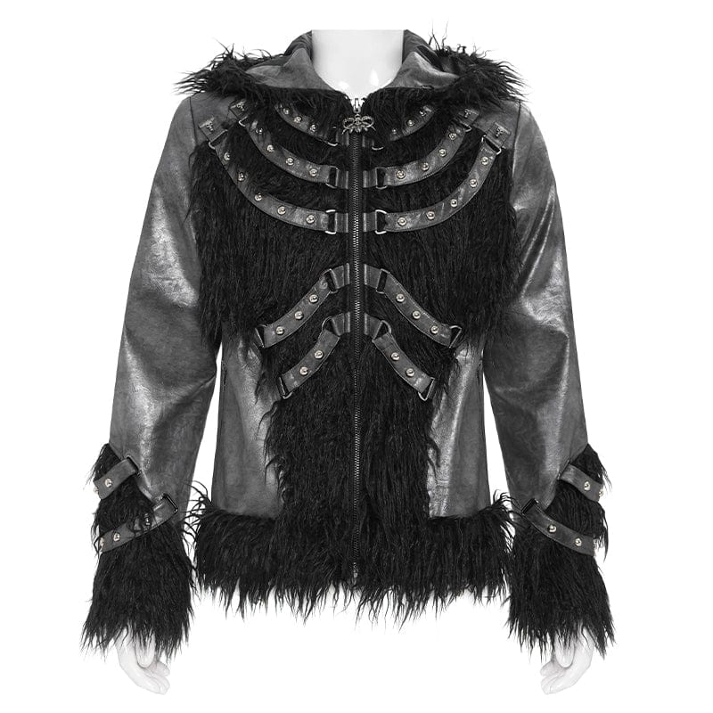 DEVIL FASHION Men's Punk Rivet Strap Plush Splice Hooded Coat