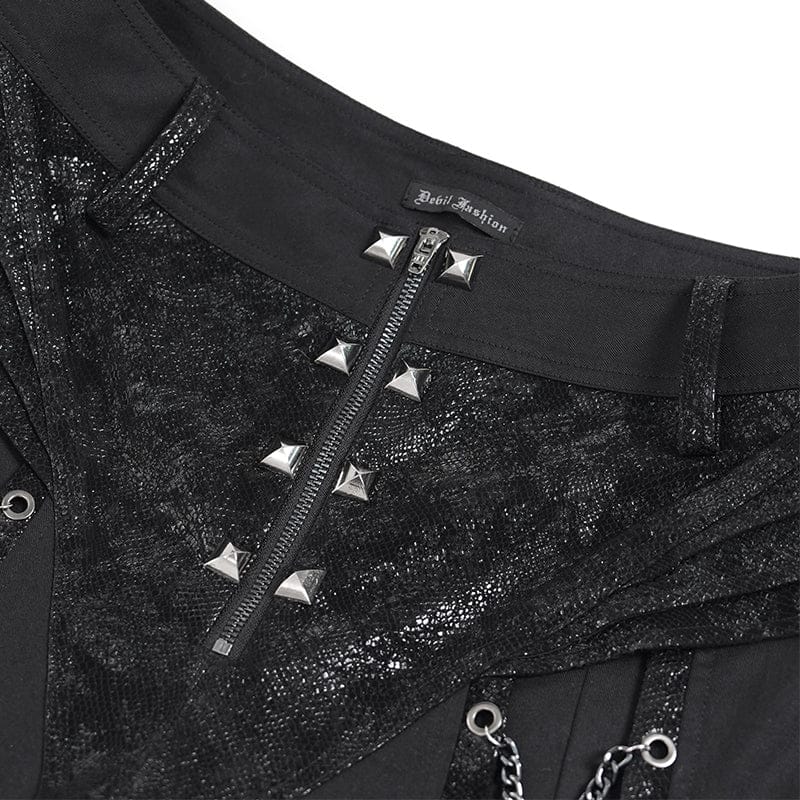 DEVIL FASHION Men's Punk Rivets Chains Zip Pants