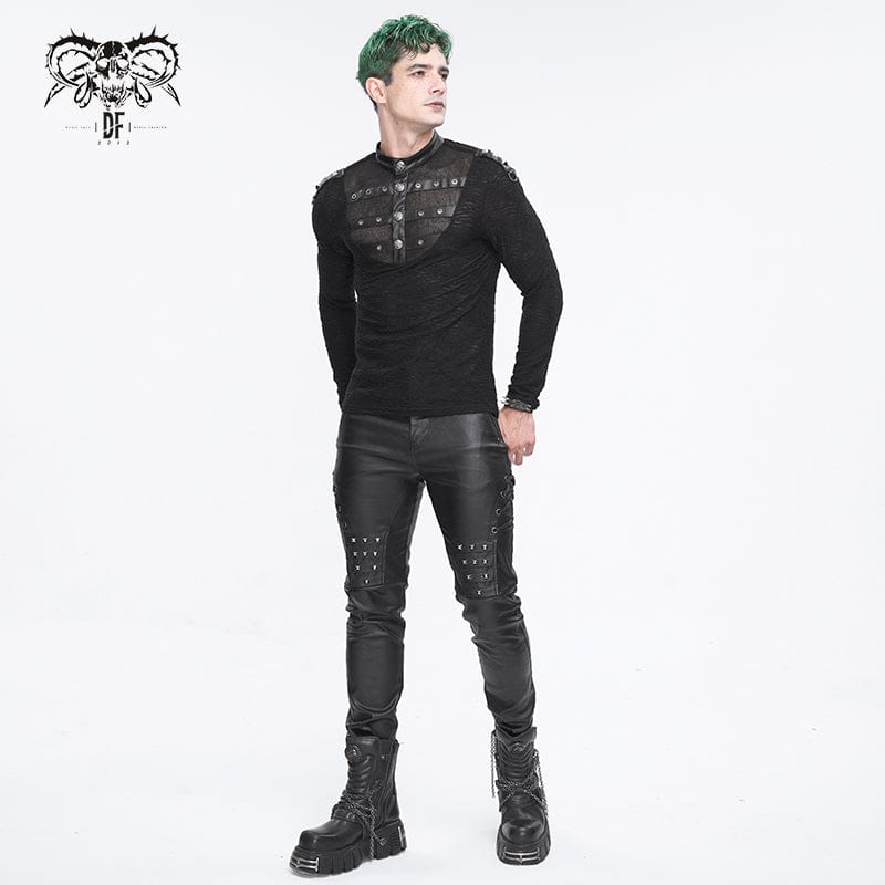 DEVIL FASHION Men's Punk Stand Collar Mesh Splice Shirt