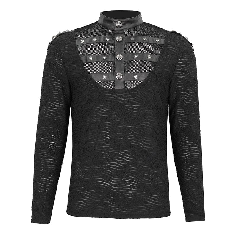 DEVIL FASHION Men's Punk Stand Collar Mesh Splice Shirt