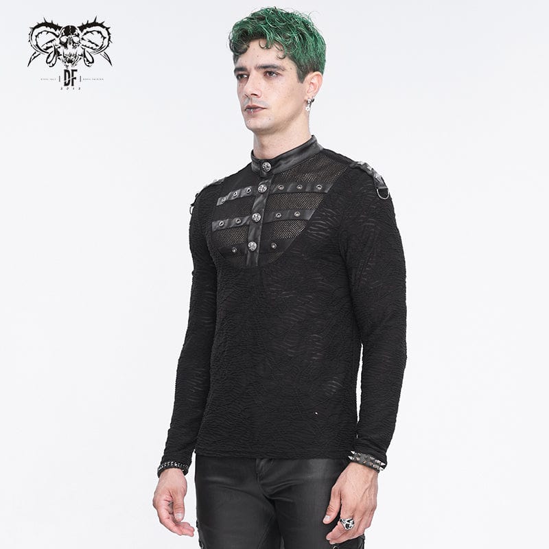 DEVIL FASHION Men's Punk Stand Collar Mesh Splice Shirt