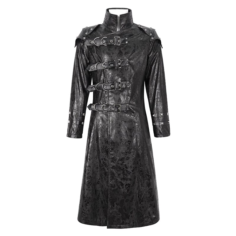 DEVIL FASHION Men's Punk Stand Collar Multi-buckle Faux Leather Coat Black