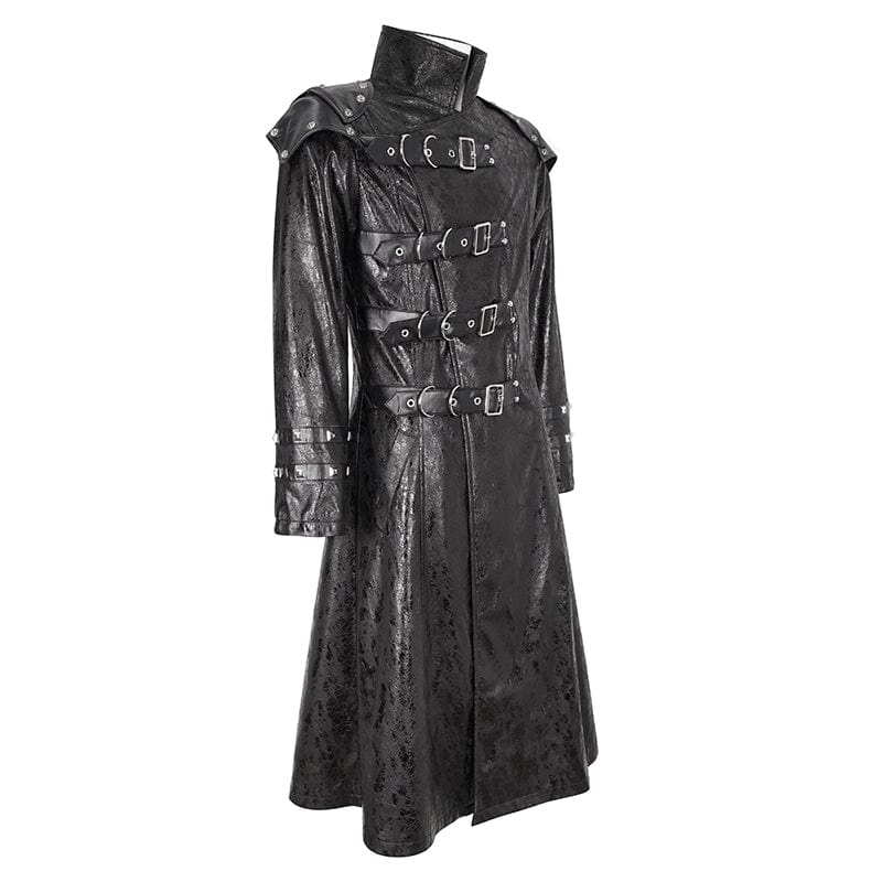 DEVIL FASHION Men's Punk Stand Collar Multi-buckle Faux Leather Coat Black