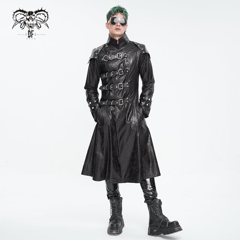 DEVIL FASHION Men's Punk Stand Collar Multi-buckle Faux Leather Coat Black