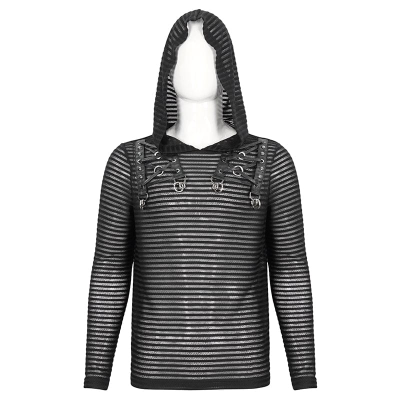 DEVIL FASHION Men's Punk Striped Sheer Hoodies