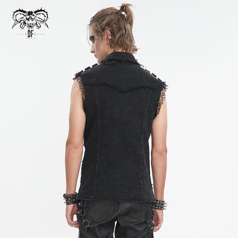 DEVIL FASHION Men's Punk Studded Distressed Unedged Vest