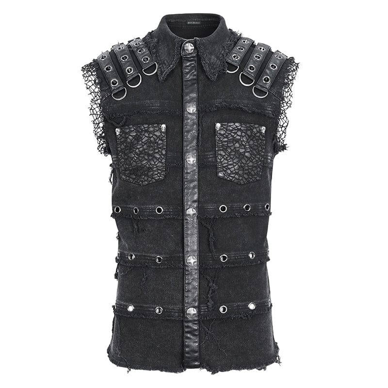DEVIL FASHION Men's Punk Studded Distressed Unedged Vest