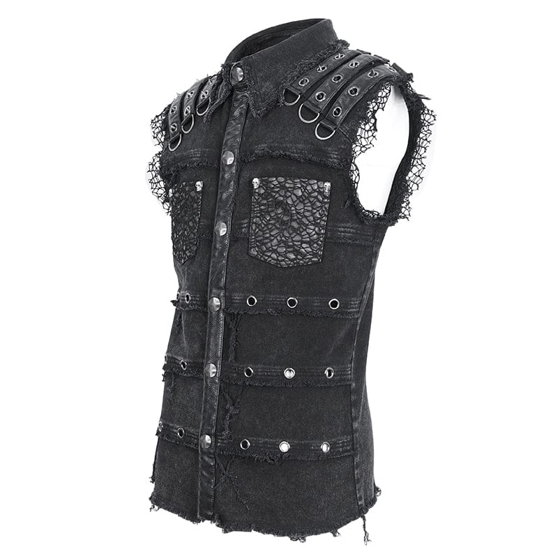DEVIL FASHION Men's Punk Studded Distressed Unedged Vest