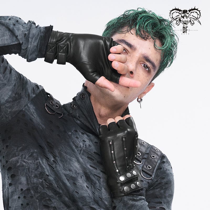 DEVIL FASHION Men's Punk Studded Faux Leather Half-finger Gloves