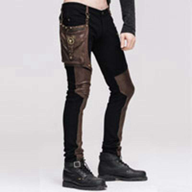 DEVIL FASHION Men's Punk Style Trousers With Faux Leather Patches