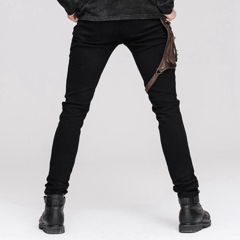 DEVIL FASHION Men's Punk Style Trousers With Faux Leather Patches
