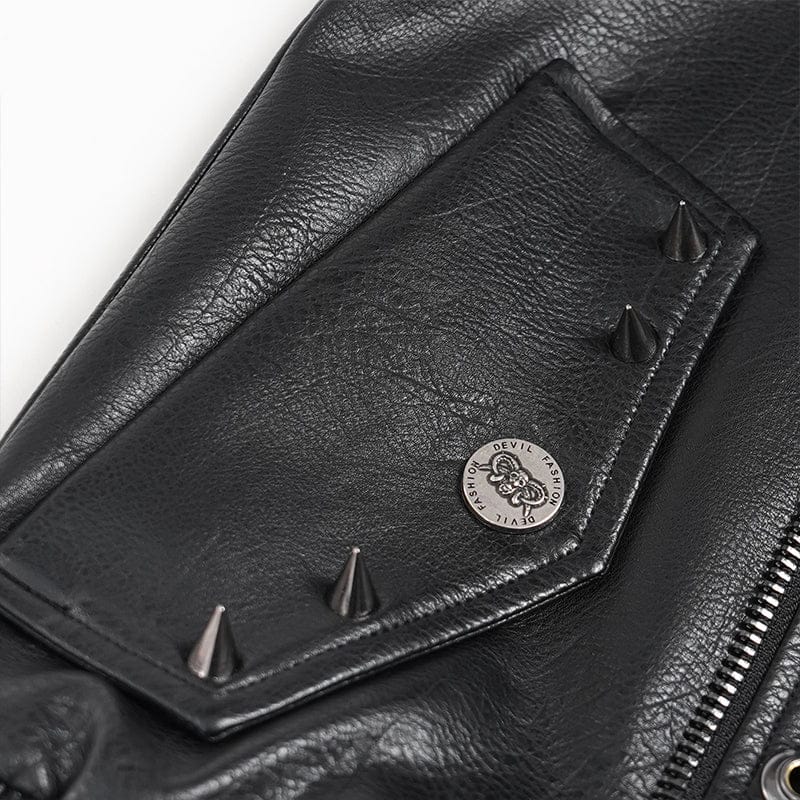 DEVIL FASHION Men's Punk Wide Lapel Collar Studded Biker Jacket