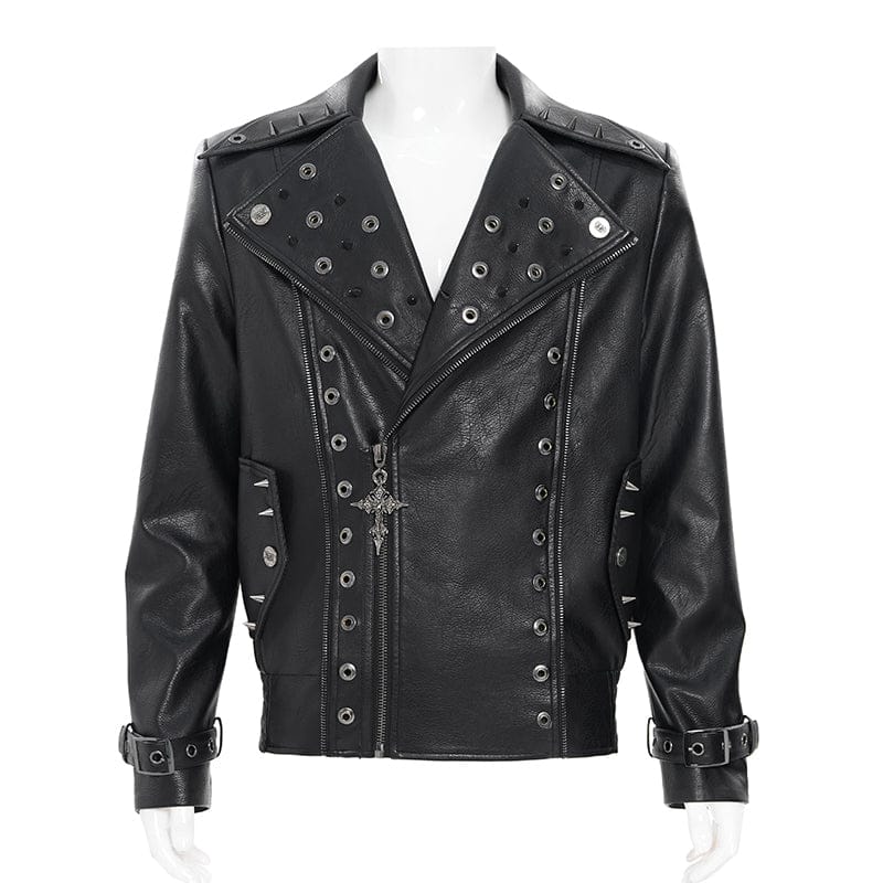 DEVIL FASHION Men's Punk Wide Lapel Collar Studded Biker Jacket