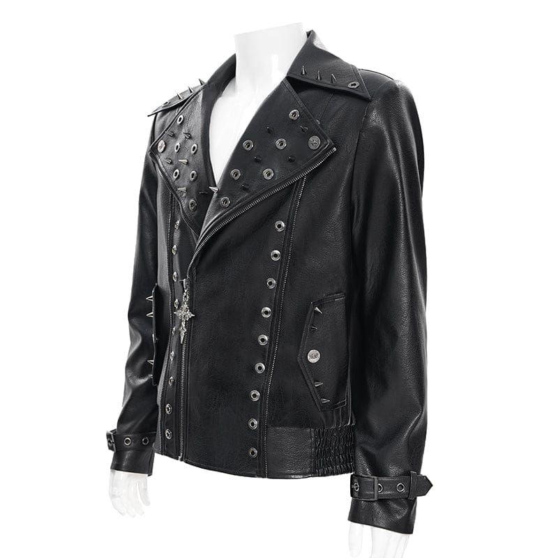 DEVIL FASHION Men's Punk Wide Lapel Collar Studded Biker Jacket
