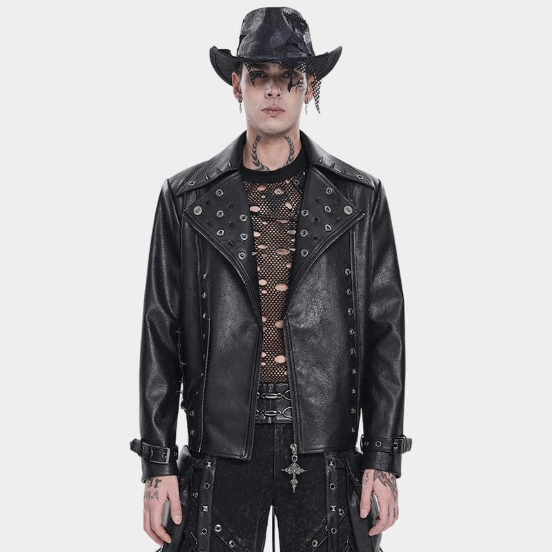 DEVIL FASHION Men's Punk Wide Lapel Collar Studded Biker Jacket