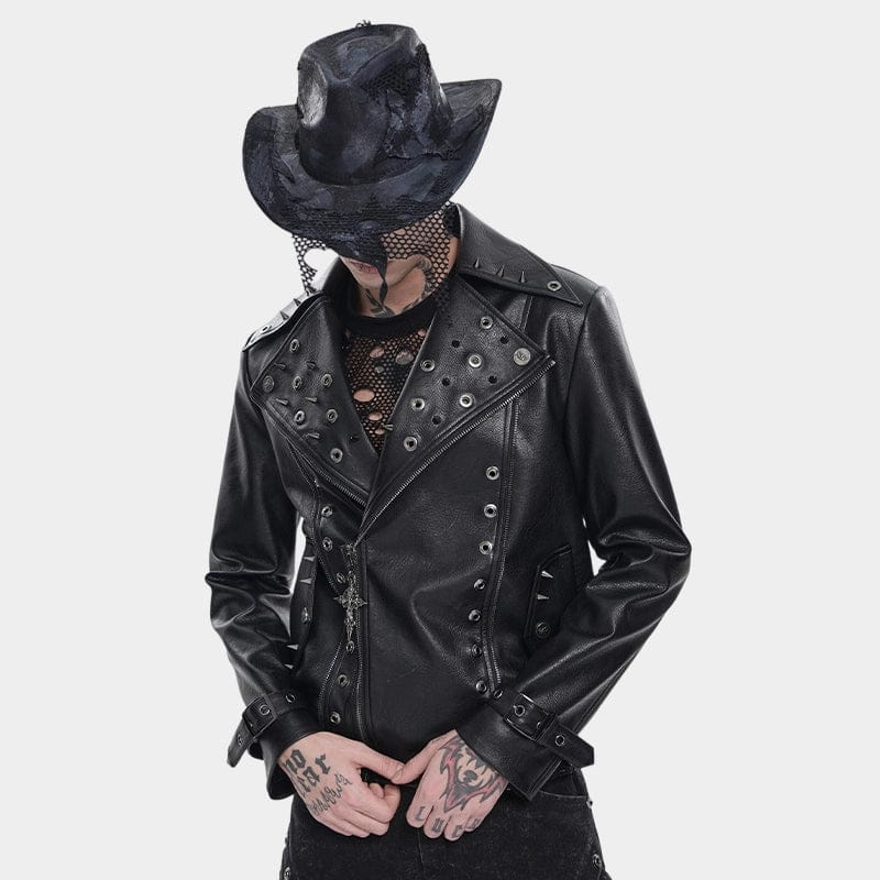 DEVIL FASHION Men's Punk Wide Lapel Collar Studded Biker Jacket