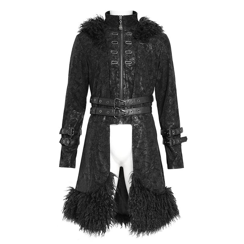 DEVIL FASHION Men's Punk Zip Stand Collar Hooded Coat with Detachable Belt