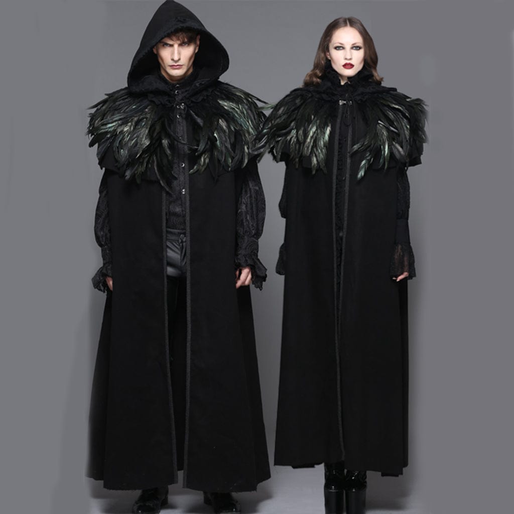 DEVIL FASHION Men's/Women's Goth Hooded Long Cloak With Feathered Collar