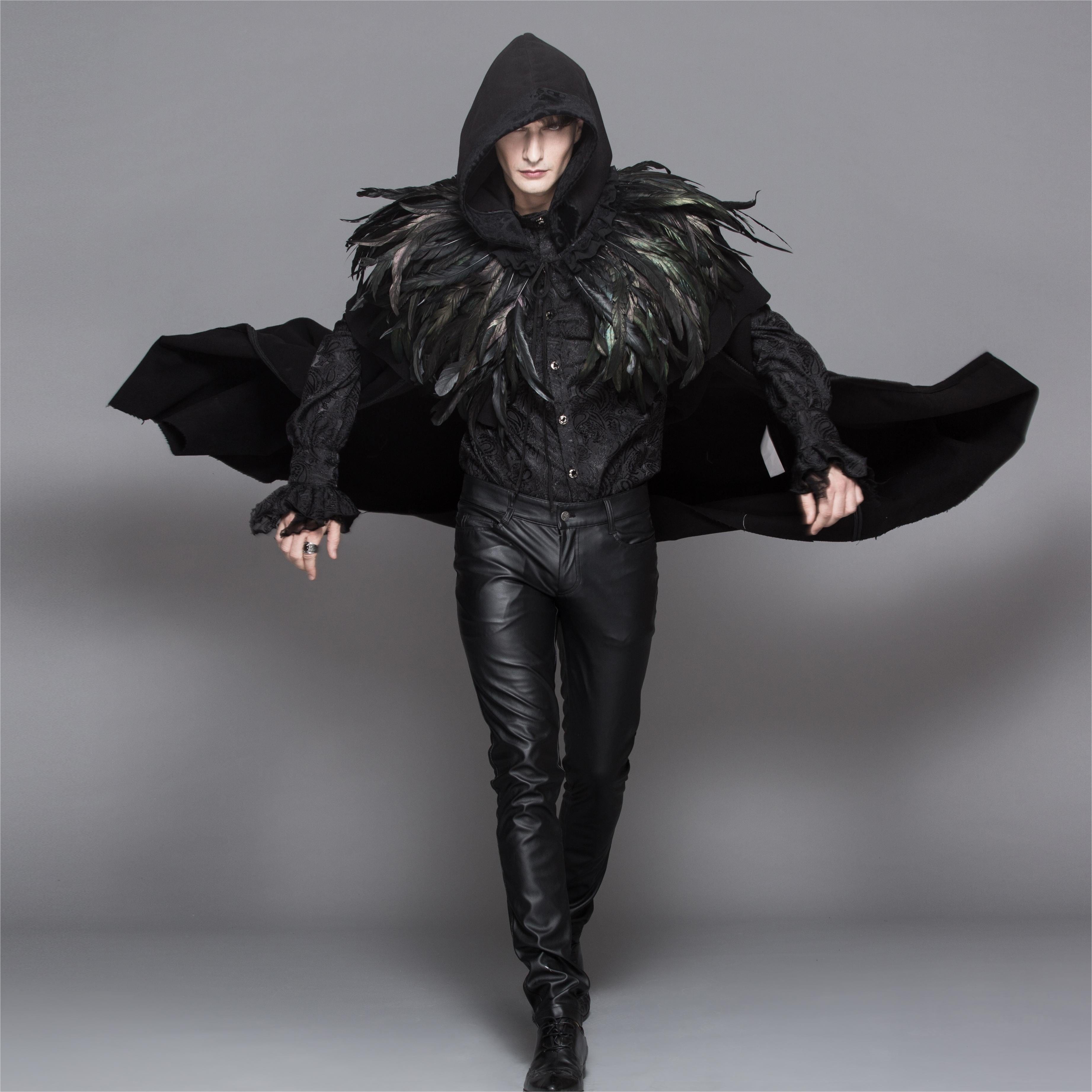 DEVIL FASHION Men's/Women's Goth Hooded Long Cloak With Feathered Collar