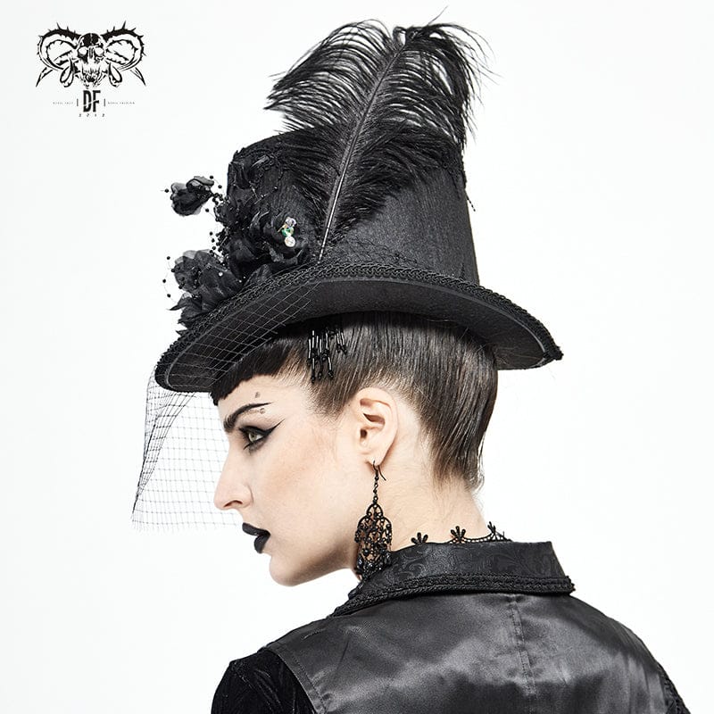 DEVIL FASHION Unisex Gothic Noir Floral Feather Top Hat with Net Veil